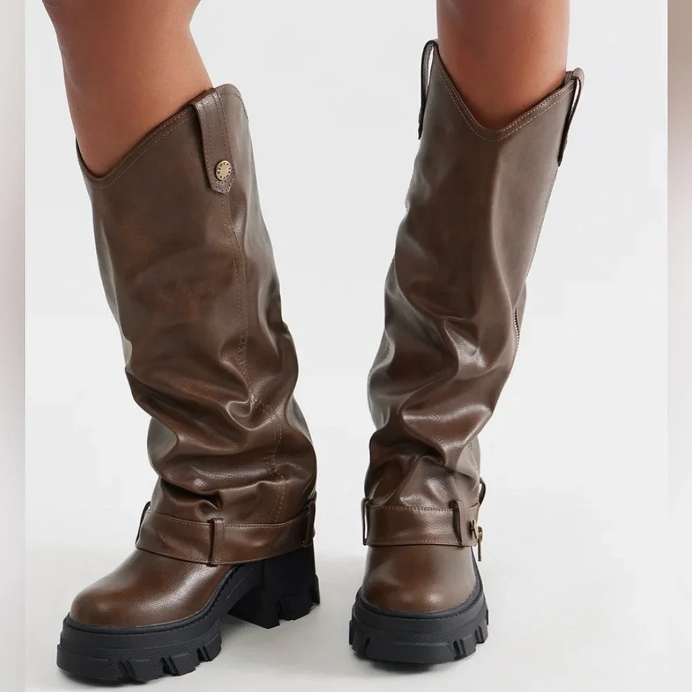 Brown Knee-High Boots with Black Soles bulky fun brown boots - Picture 5 of 13